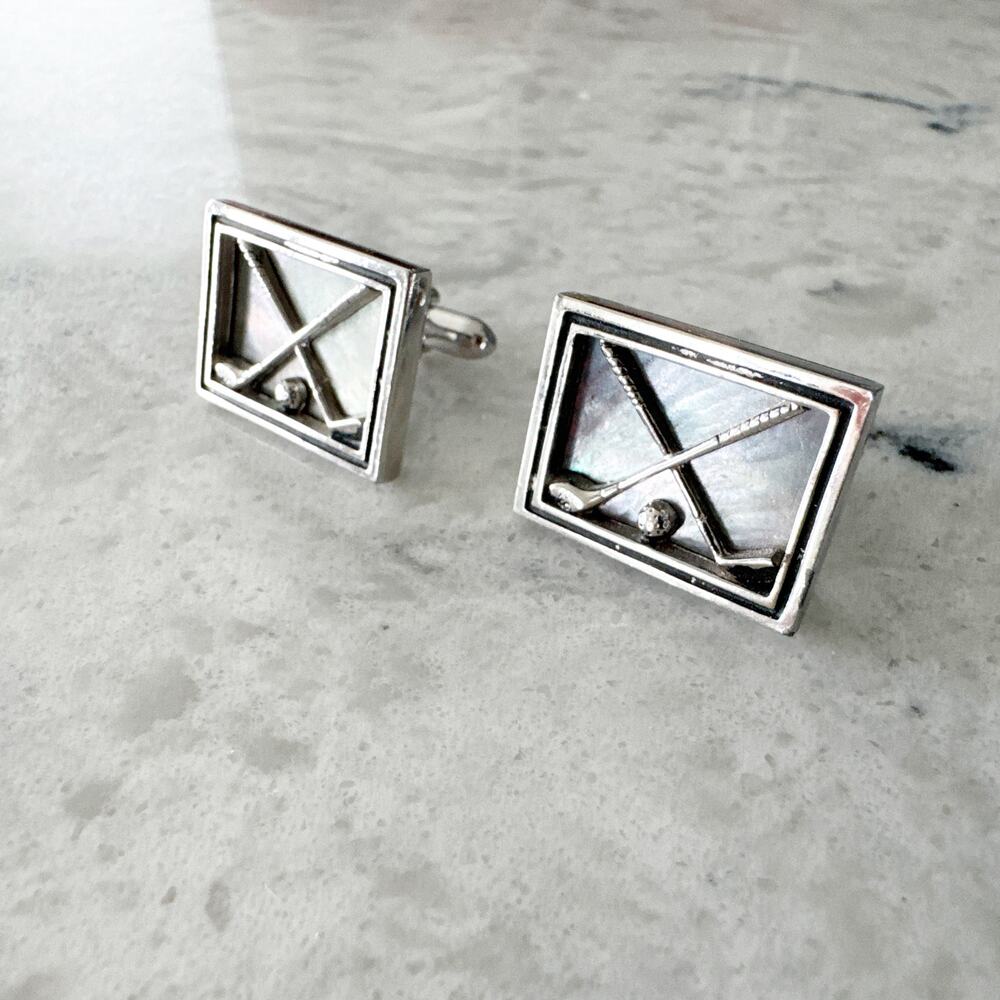 Golf Club Ball Cufflinks Men One Size Silver Tone Iridescent Rectangle Unbranded